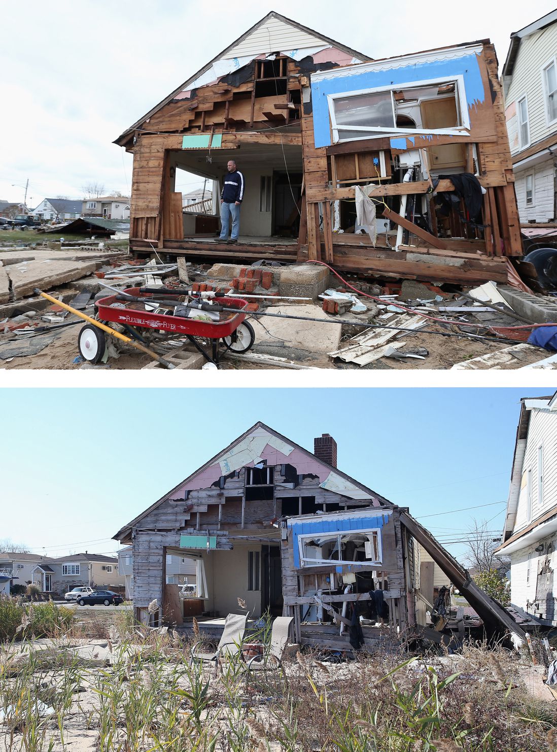 [Top] Gary Silberman surveys his home that was destroyed by Hurricane Sandy on October 31, 2012 in Lindenhurst, New York, United States. [Bottom] A home on Venetian Boulevard sits still damaged by Superstorm Sandy on October 22, 2013 in Lindenhurst, New York.